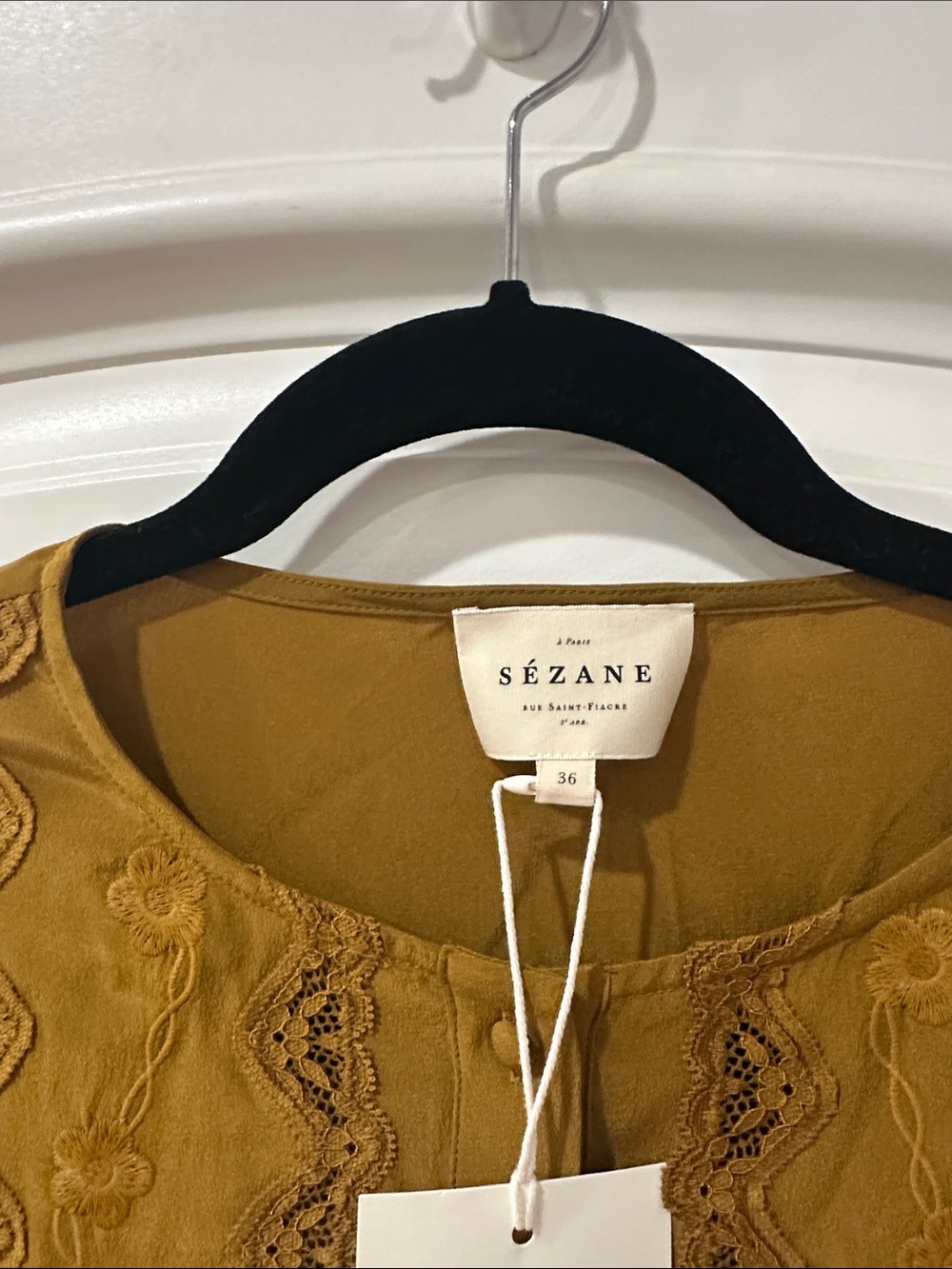 Sezane Olive-Mustard Embroidered Button shirt size 4 - Picture 3 of 16